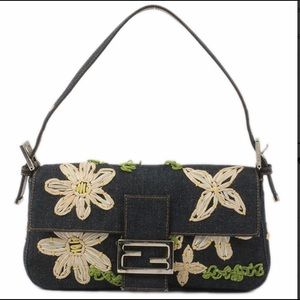 Fendi Denim Mamma Floral Baguette Shoulder bag, denim blue.